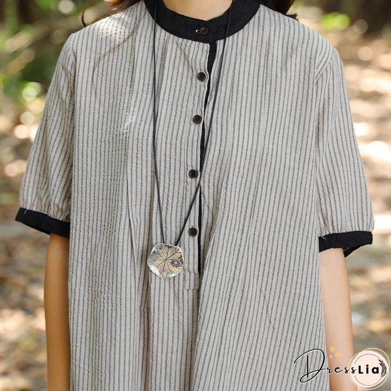 Women Stand Collar Buttons Stripe Pockets 1/2 Sleeve Dress
