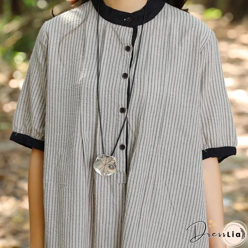 Women Stand Collar Buttons Stripe Pockets 1/2 Sleeve Dress