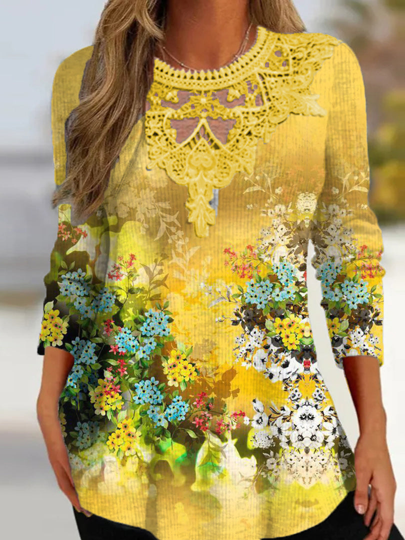 Women Long Sleeve V-neck Graphic Floral Printed Top