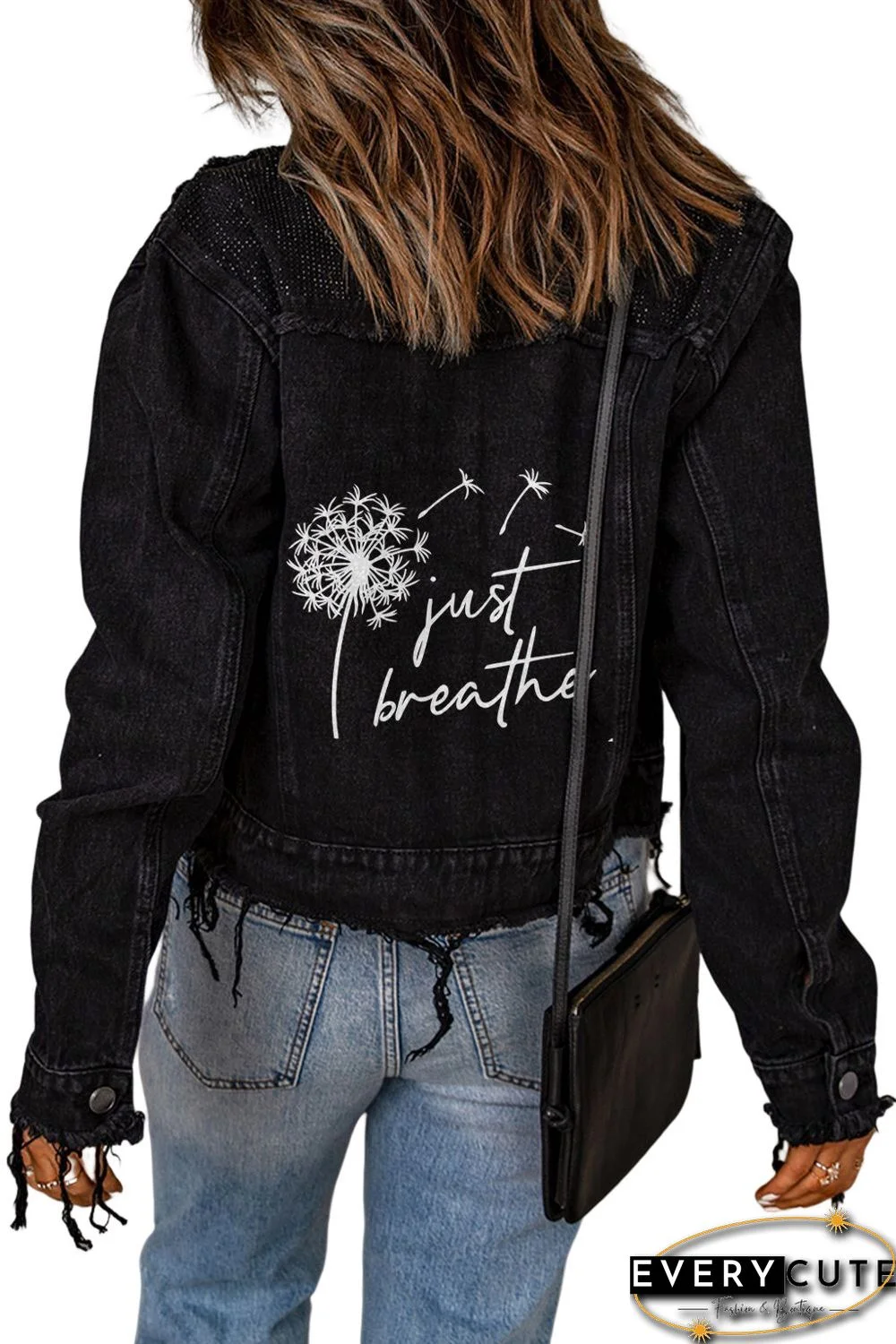 Black Just Breathe Dandelion Print Distressed Denim Jacket