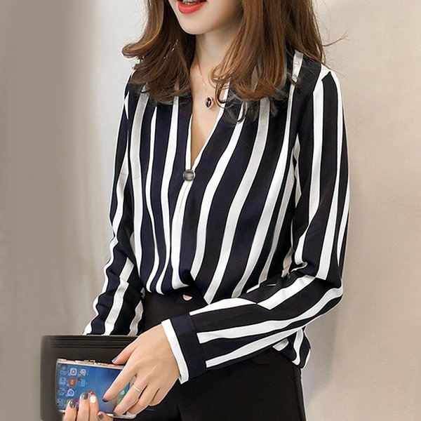 ZANZEA Striped Women Blouses Spring Long Sleeve V Neck Button Shirts Elegant Office Lady Blouse Top - Life is Beautiful for You - SheChoic