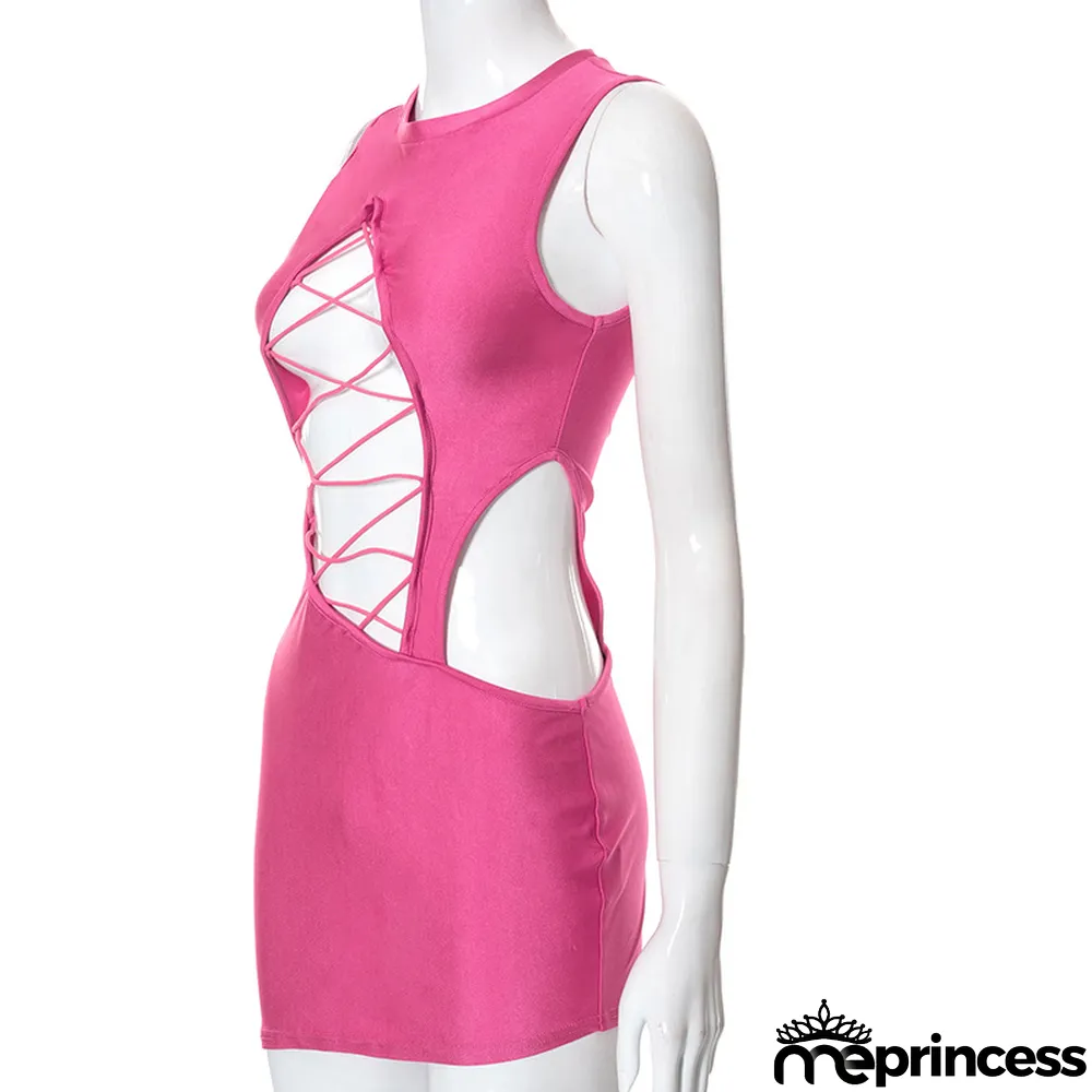 Summer Solid Sleeveless Hollow Out Bandage Bodycon Mini Dress