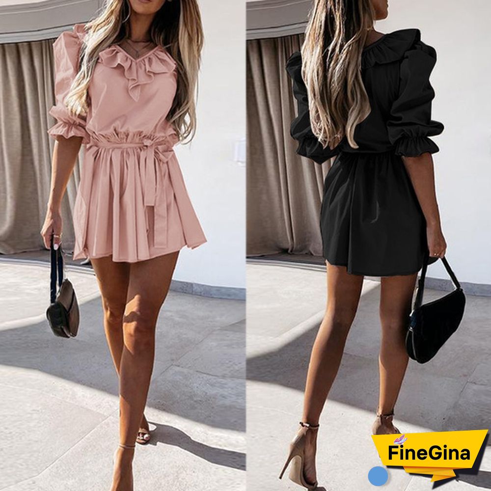 Summer Women Vintage Casual Plain Half Sleeve Neck Sundress Party Ruffle Elastic Waist