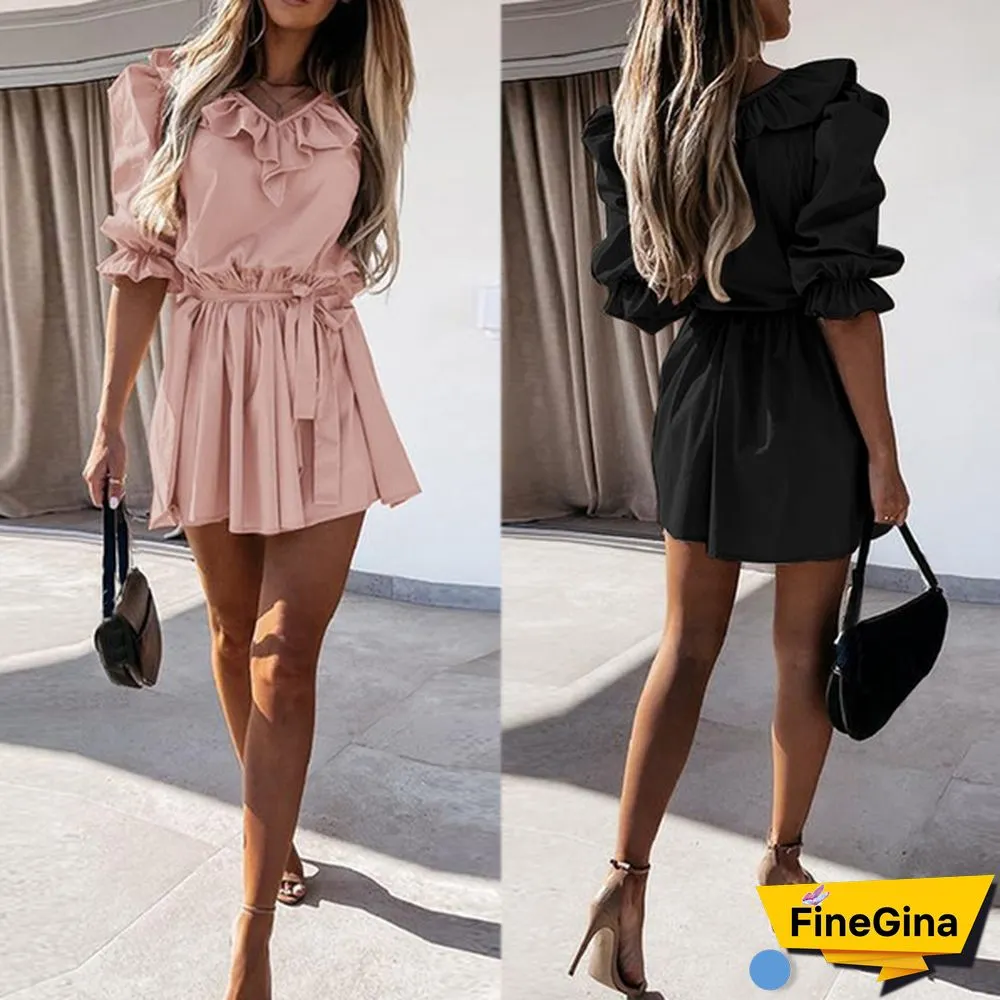 Summer Women Vintage Casual Plain Half Sleeve Neck Sundress Party Ruffle Elastic Waist