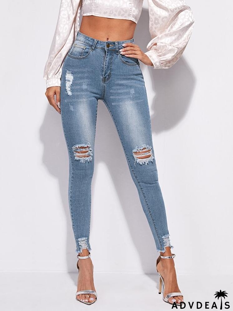 High Stretch Raw Hem Ripped Skinny Jeans