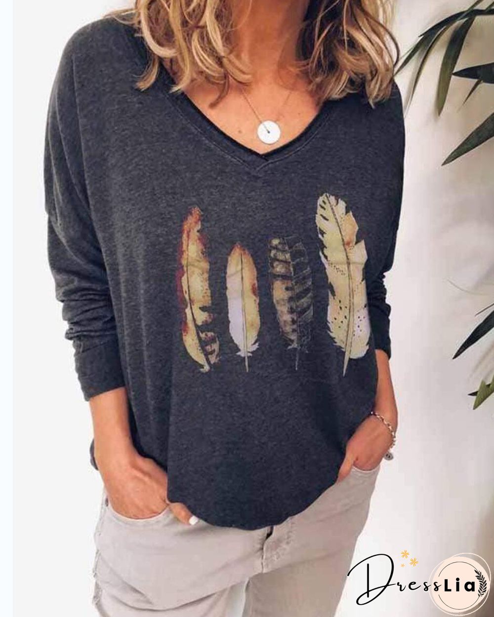 V Neck Feather Printed  Fall Women Casual Printed Shirt &Tops