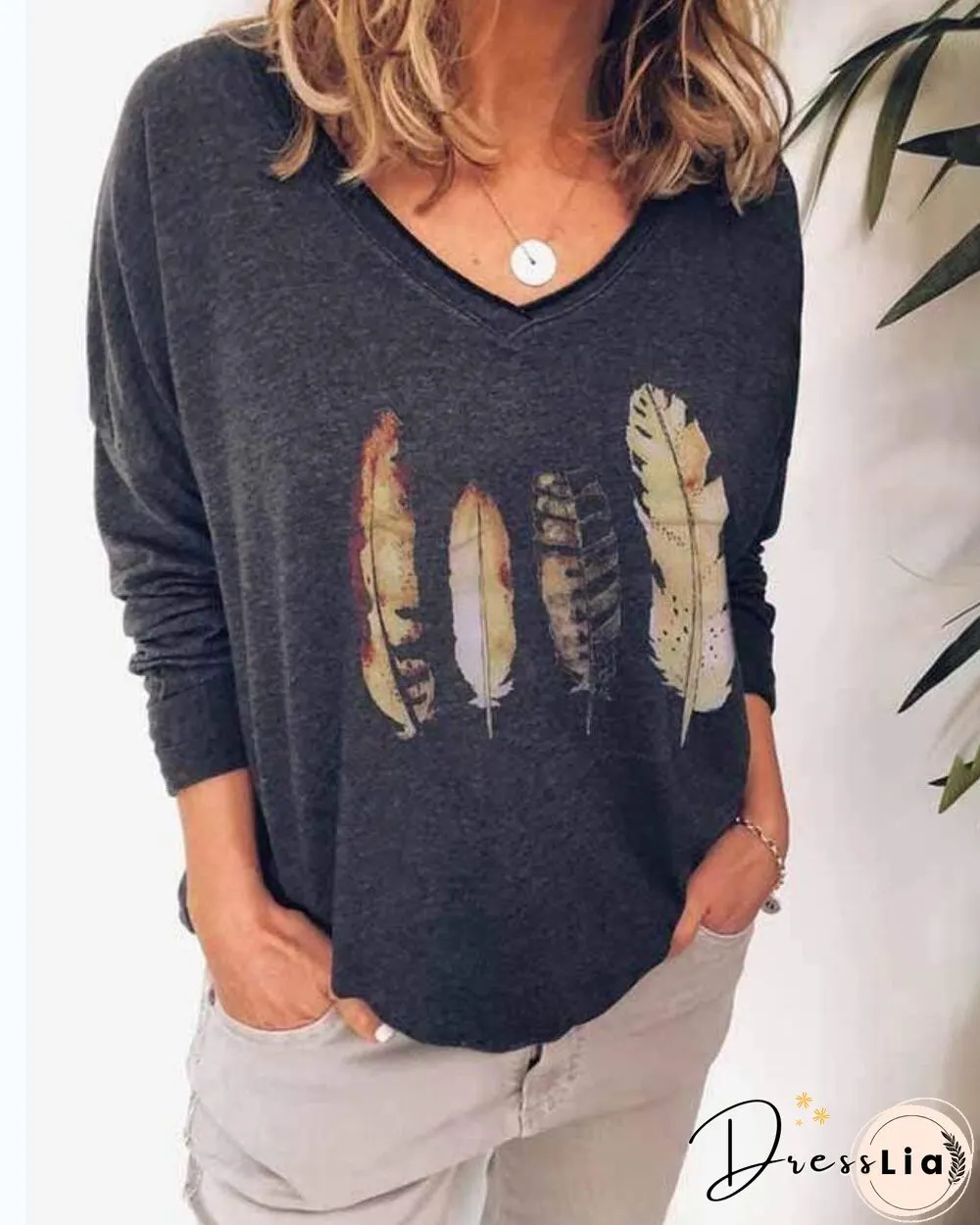 V Neck Feather Printed  Fall Women Casual Printed Shirt &Tops