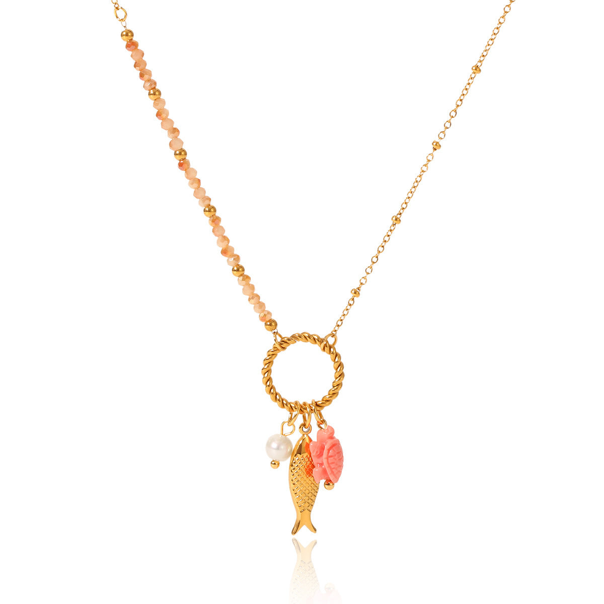 Summer Ocean Style Titanium Steel Necklace Niche Design Turtle Pearl Goldfish Pendant Stainless Steel Clavicle Chain