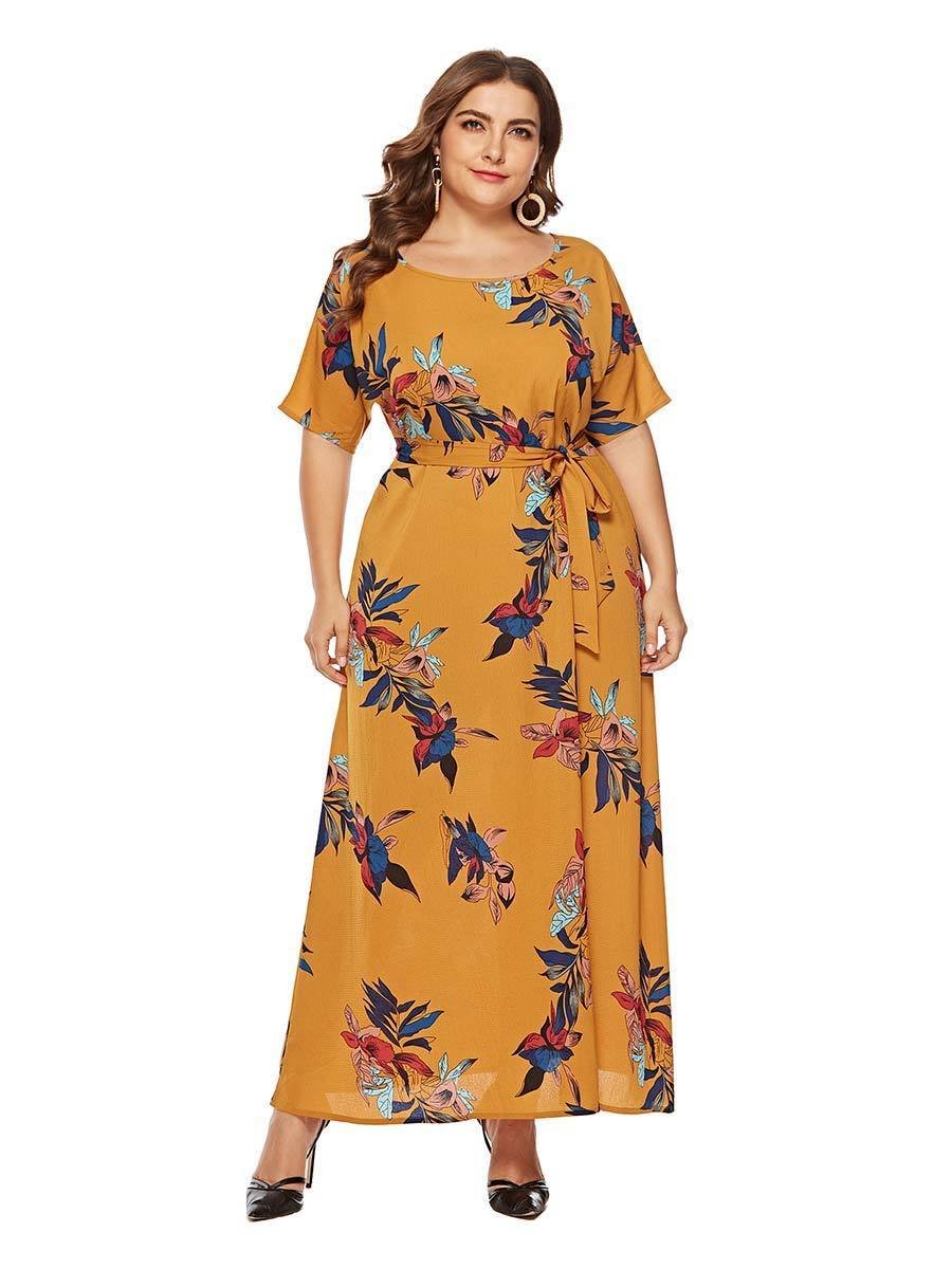 Plus Size Dress Round Neck Printed Short Sleeve Long Dress