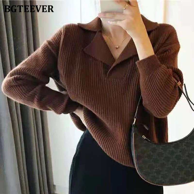 BGTEEVER Elegant Turn-Down Collar Loose Women Sweaters Full Sleeve Solid Female Knitted Pullovers 2021 Autumn Winter Knitwear