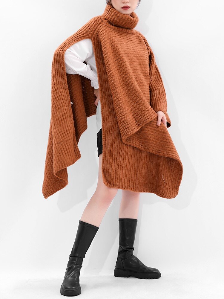 Fashion Solid Color Turtleneck Asymmetrical Long Sleeve Knitted Sweater   
