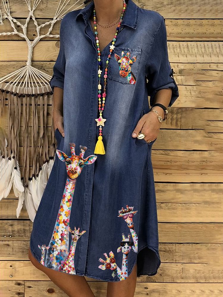 Women Giraffe Animal Print Long Sleeves Denim Dresses