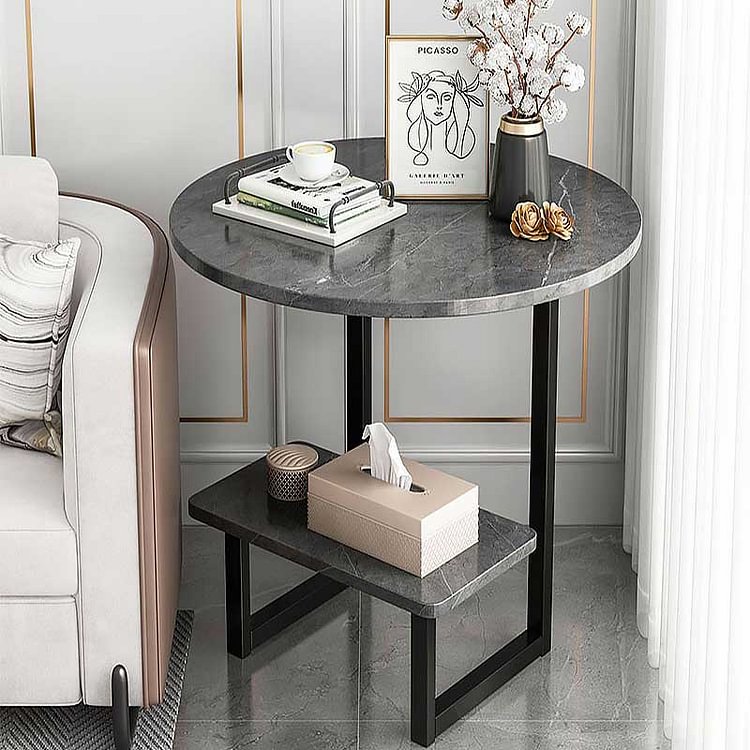 2 Tier Marble Texture Multifunctional Sofa Tea Table