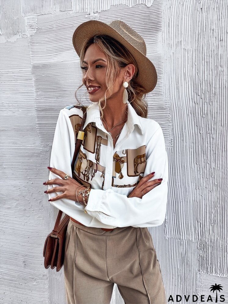 Button Front Horse Print Blouse