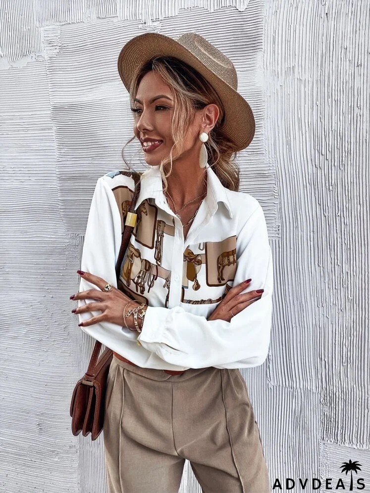 Button Front Horse Print Blouse
