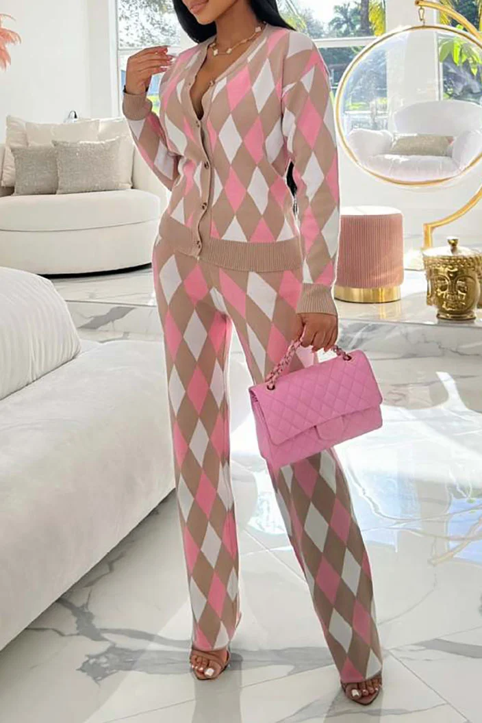 Knit Plaid Pattern Button Up Long Sleeve Cardigan Straight Leg Pants Matching Set-Pink