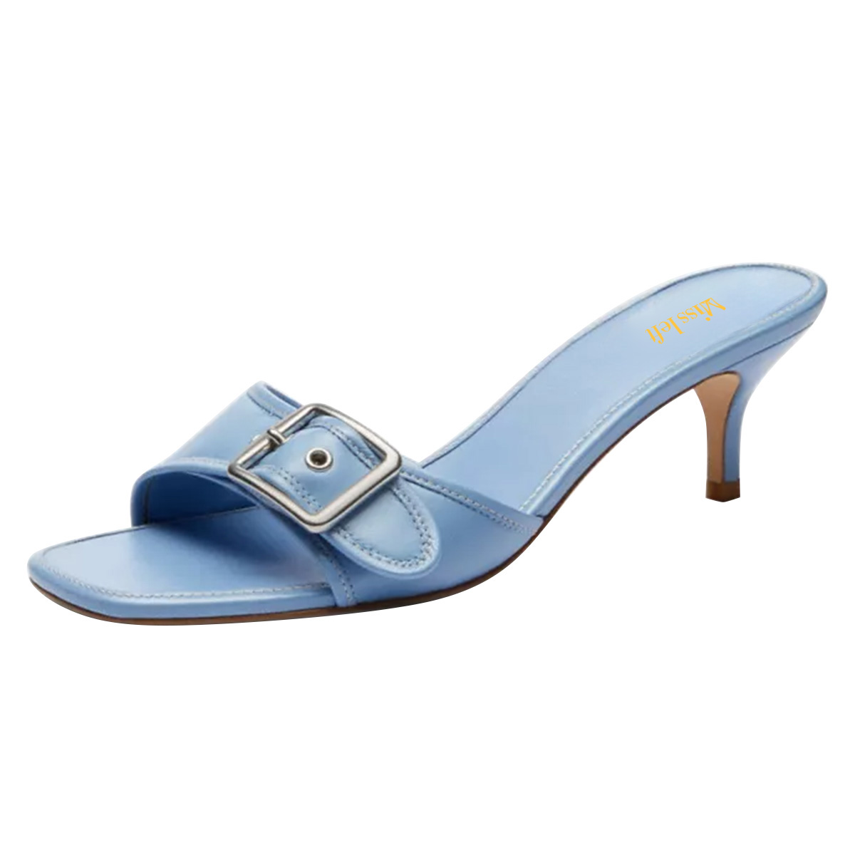 Square Toe Kitten Heel Buckle Sky Blue Casual Mules for Women Nicepairs