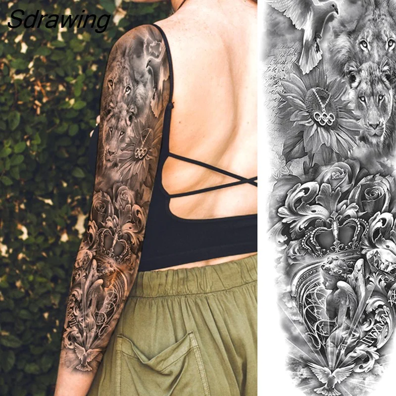 Sdrawing Totem Tattoo Arm Sleeve For Men Women Adult Realistic Fake Skeleton King Temporary Tattoo Evil Eye Demon Death Skull Tatoo