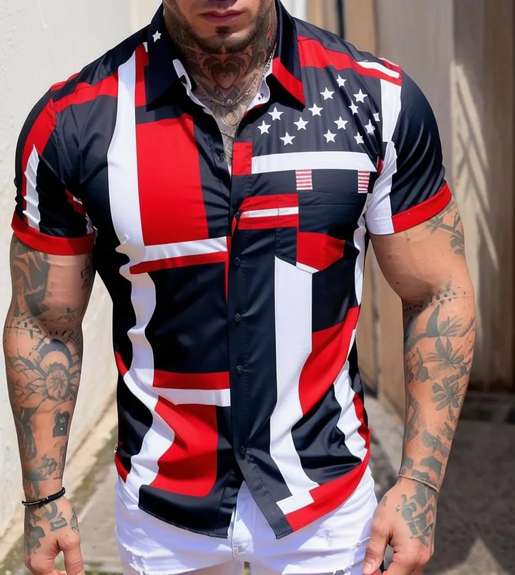 Red Men's Casual Flag Printed Short Sleeve Shirt at Hiphopee