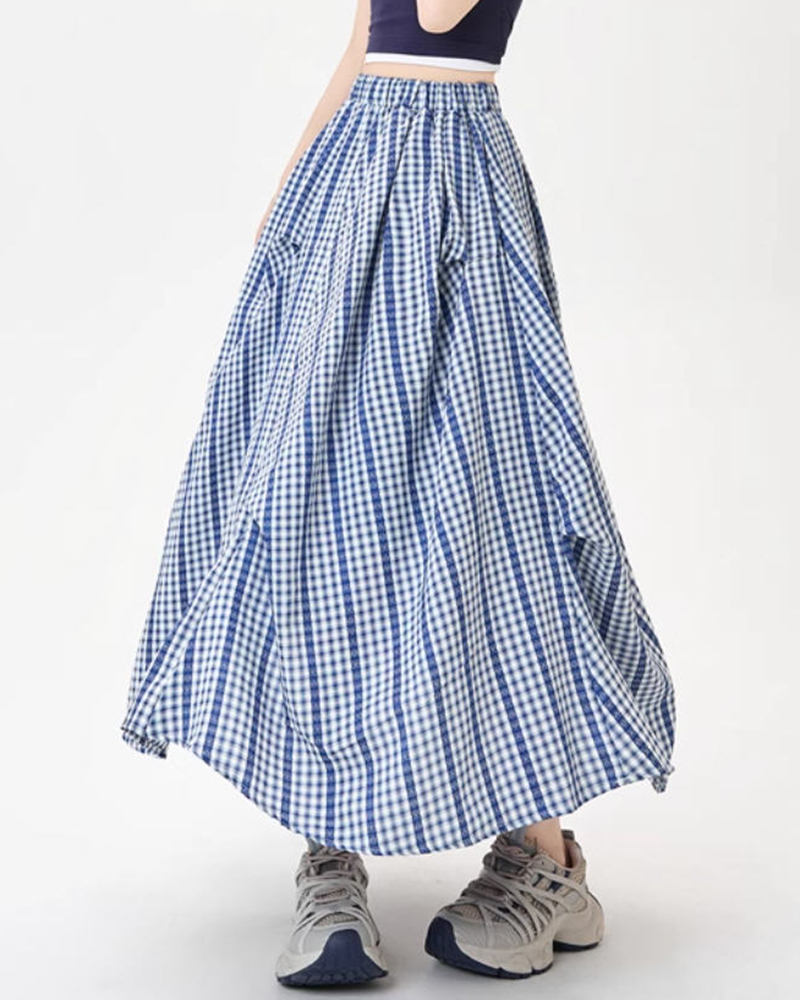 Checkered Pattern Asymmetric Midi Length Skirt