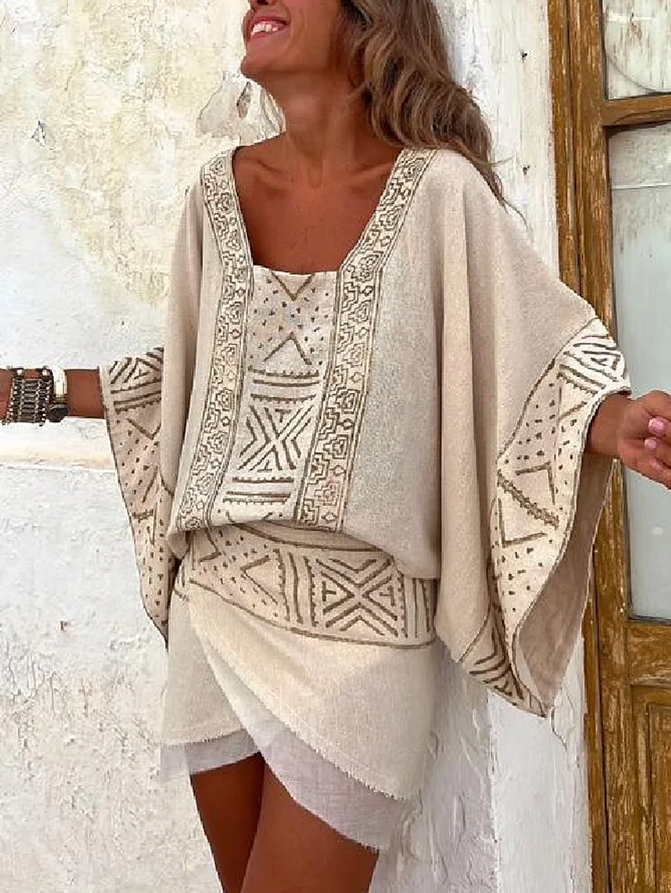 Casual Tribal Print Square Neck Half Sleeve Loose Blouse
