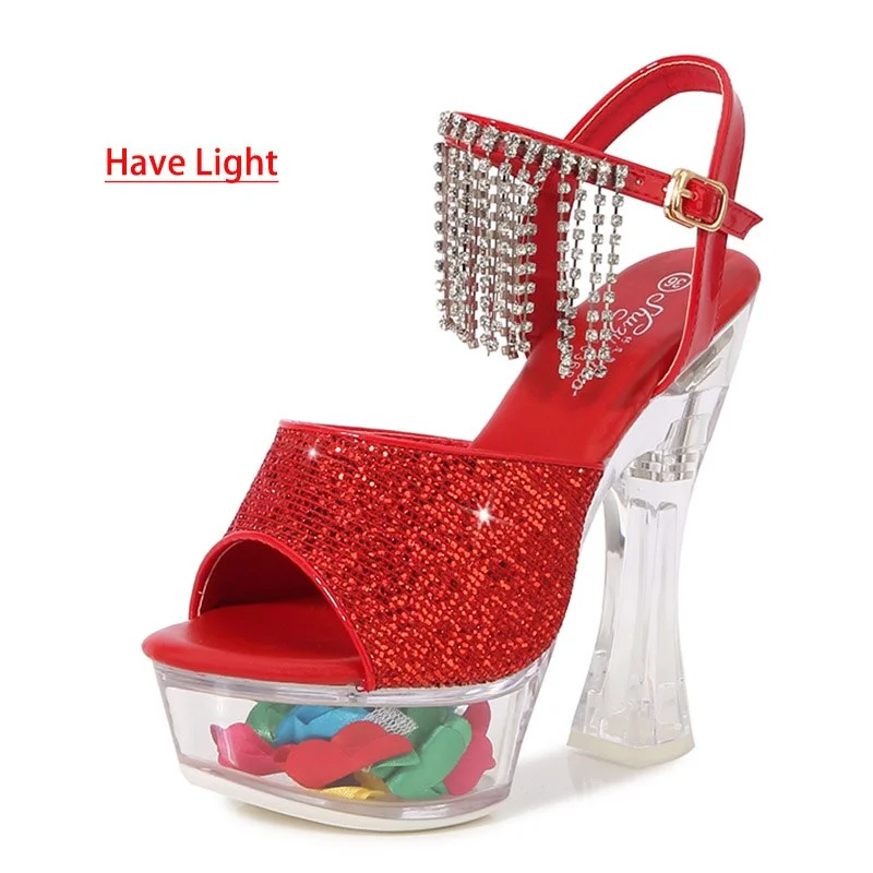 Qengg Woman 14CM Thick Heel Shoe LED Luminous Transparent Platform Diamond Tassels Sandals For Women Light Up Glowing Pole Dance Shoes
