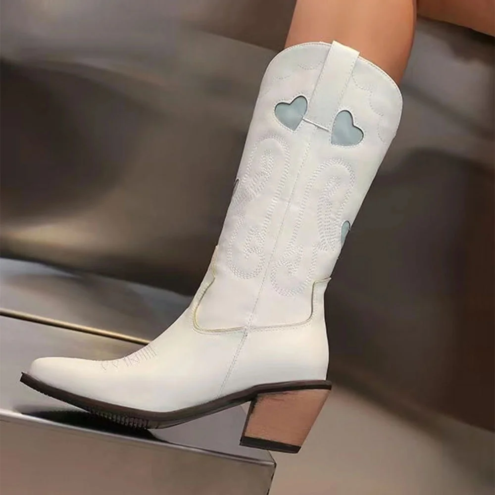 Snip Toe Chunky Heel Style Embroidered Cowboy Boots for Women in White