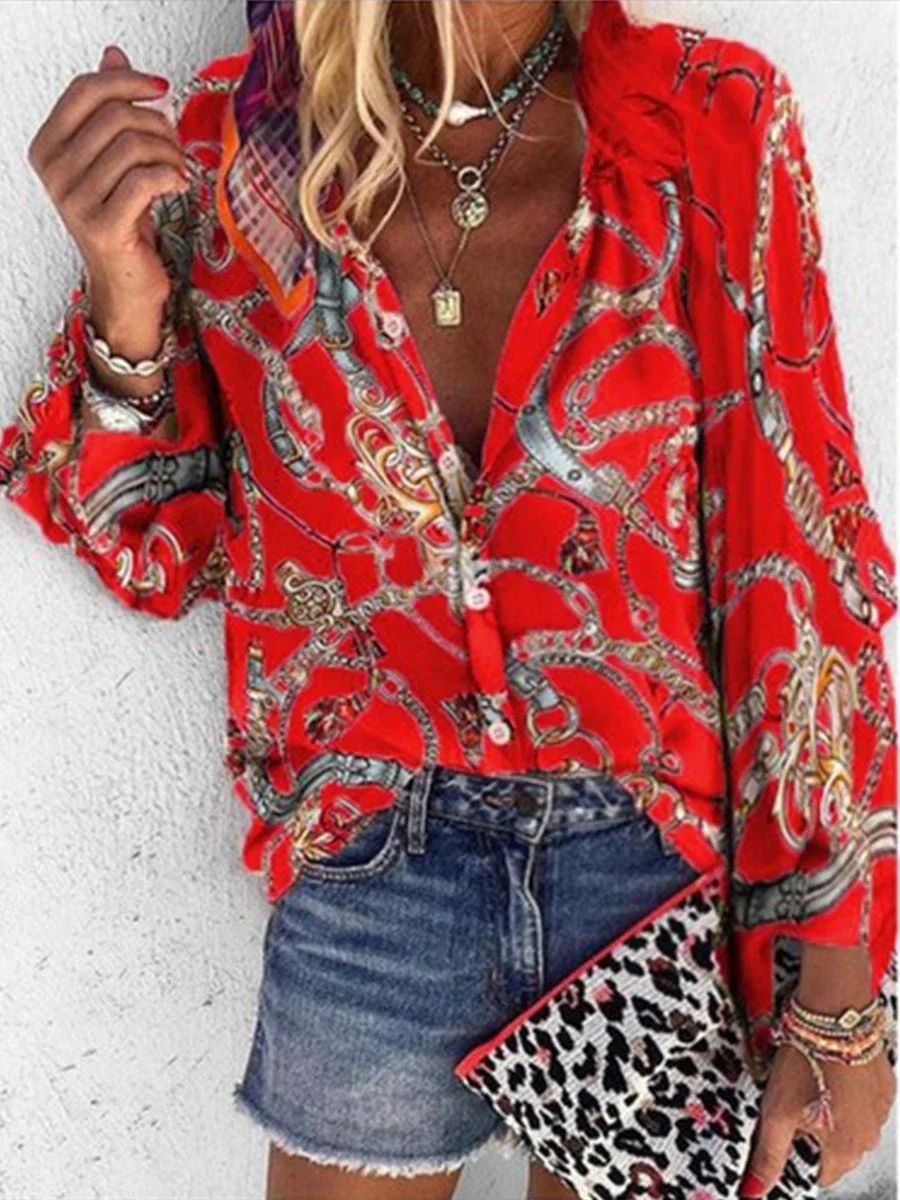 Casual Print Split Joint Turndown Collar Tops P10574