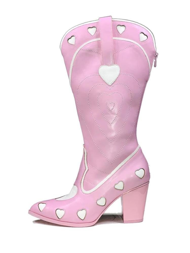 Pink Heart Zip Pointed Toe Block Heel Western Mid Calf Boots