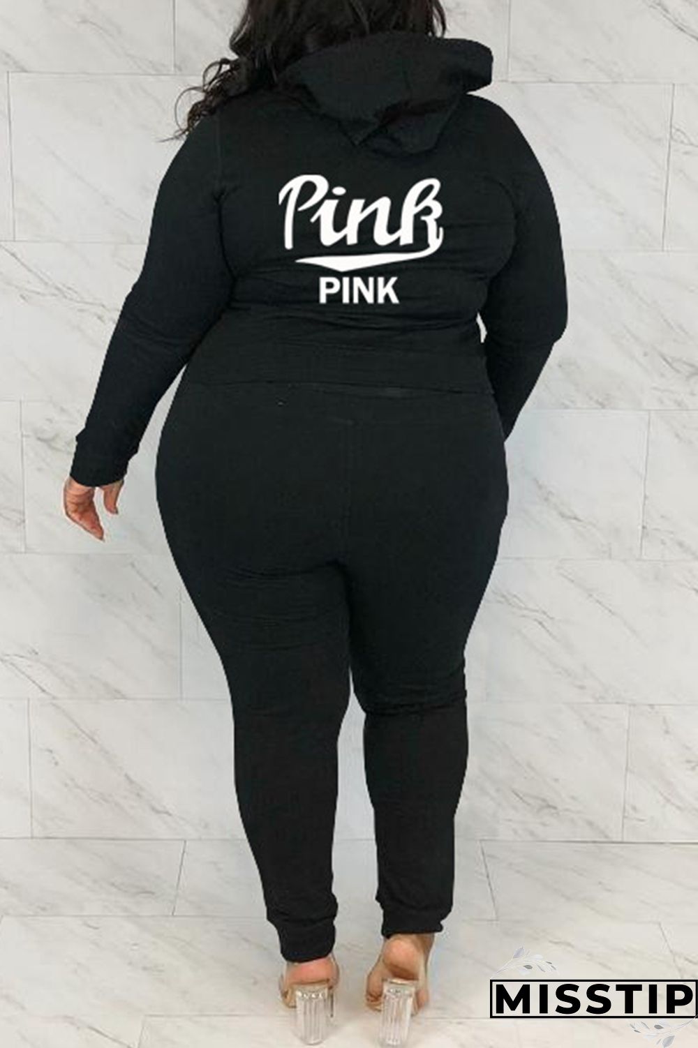 Black Fashion Casual Letter Print Basic Hooded Collar Plus Size Two Pieces