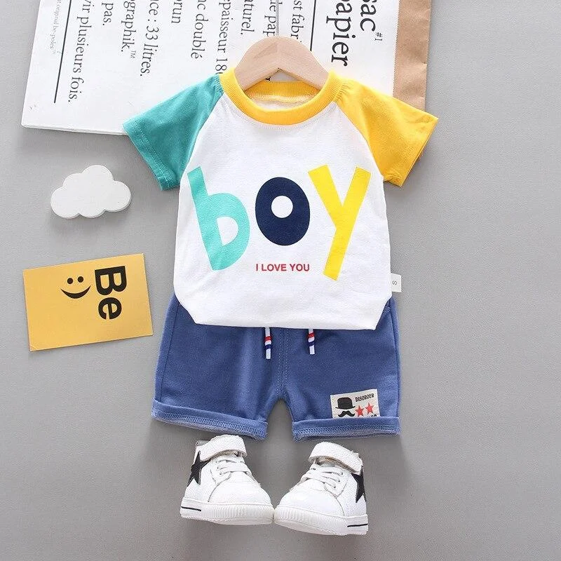 Toddler Boys Clothes Children Two-piece Short Suit Cotton Letter Patchwork T-shirt + Blue Shorts Baby Kids Tracksuit