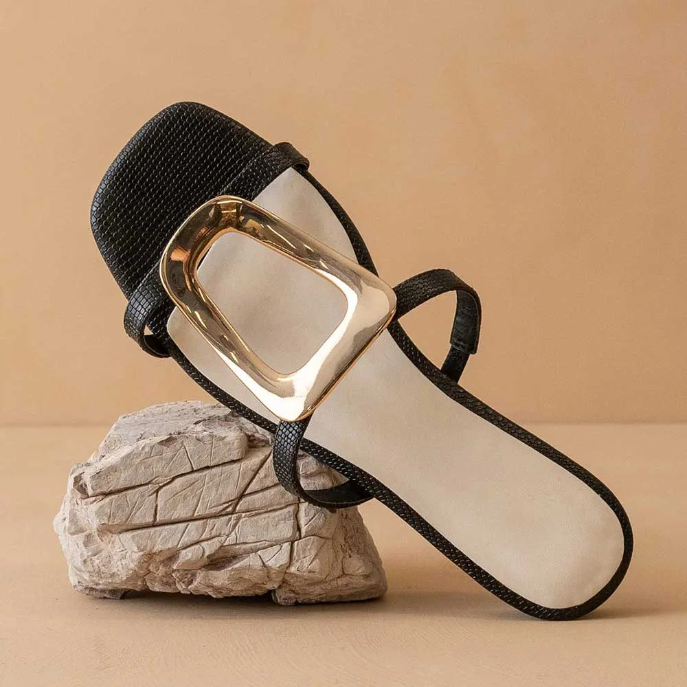 Black Casual Square Toe Buckle Strappy Flat Sandals for Women