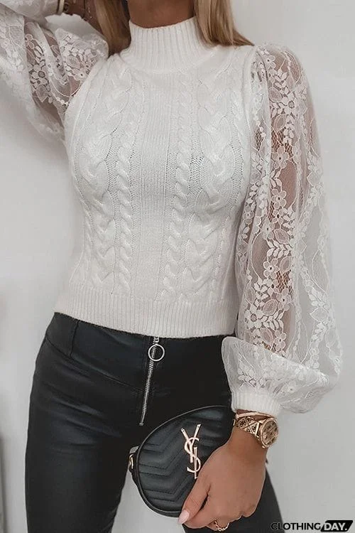 Tulle Lace Sleeve High Collar Sweater