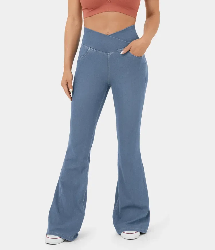 Stretchy Knit Denim Casual Super Flare Pants