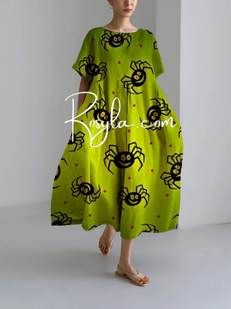 Women's Halloween Spiders Print Loose Round Neck Medium Length Skirt Dress