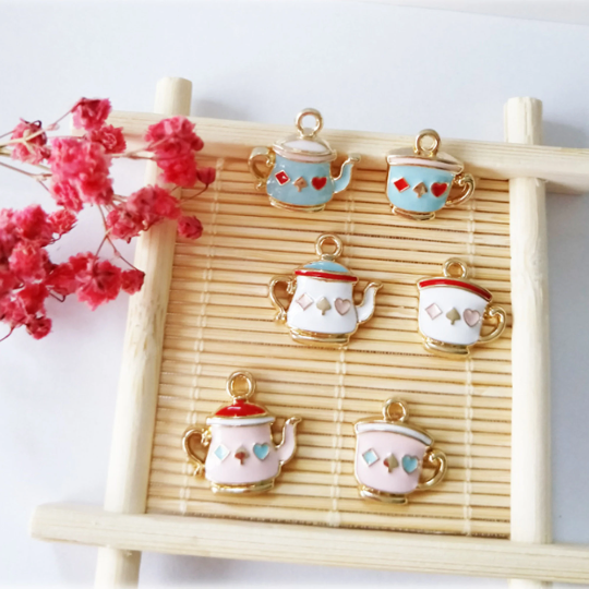 2 Style Gold Charms,Tea Pot Charm Pendant,Cup Charms,Enamel Heart Metal charm DIY