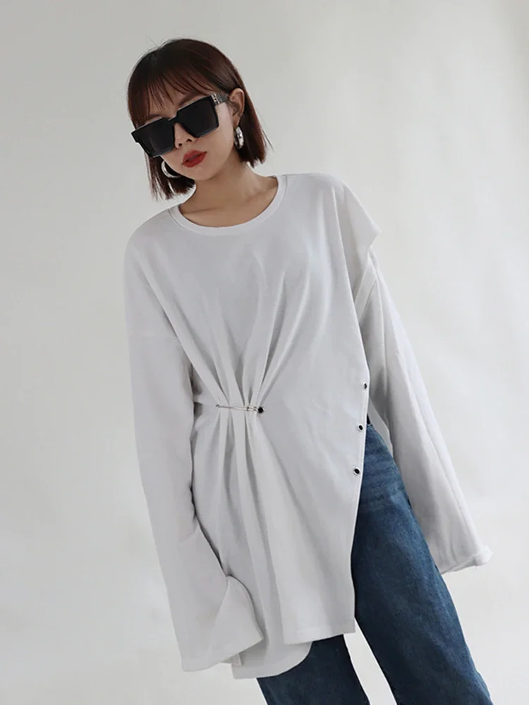 Stylish Solid Color Round Neck Side Slit Splicing Chain Long Sleeve T-shirt  