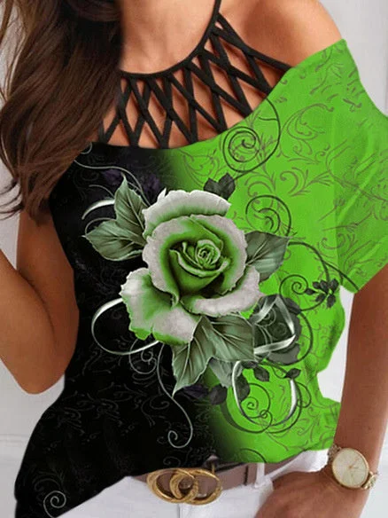 Women's Short Sleeve Off-shoulder Hollow Graphic Printed Top
