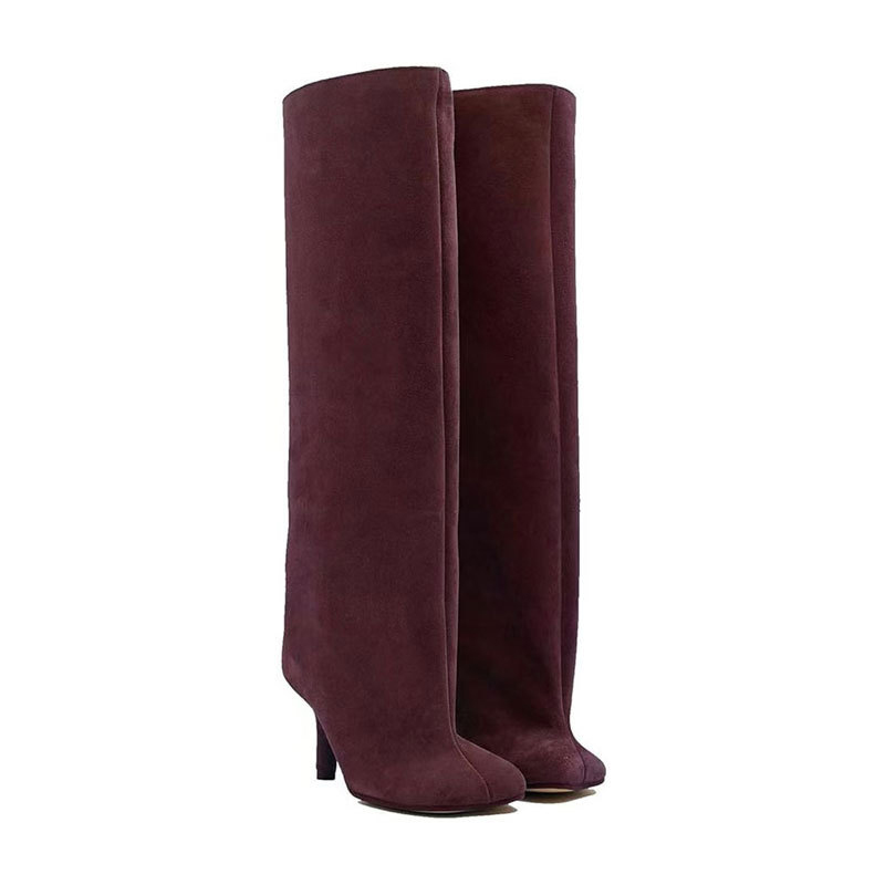 80mm Women's Suede Boots Square Toe Stiletto Heel  Knee Boots-MERUMOTE