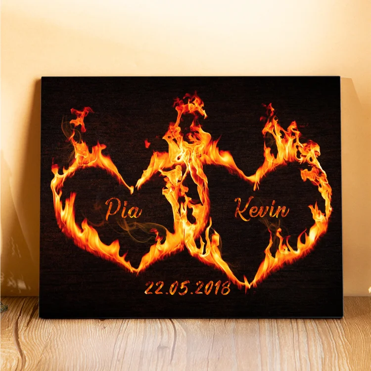 Lámina "fuego de amor" marco de madera para pareja 2 nombres personalizados con fecha