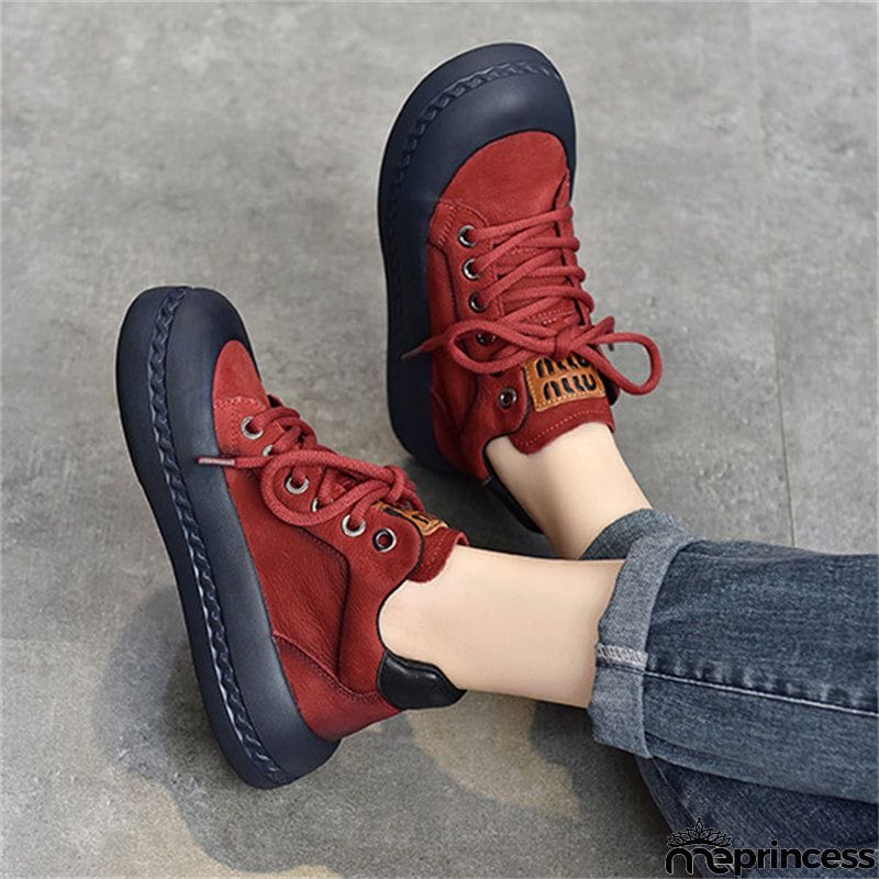 Genuine Leather Retro High Top Thick-soled  Lady Shoes