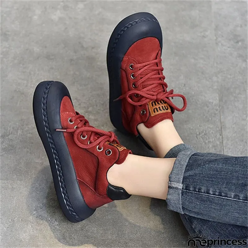 Genuine Leather Retro High Top Thick-soled  Lady Shoes