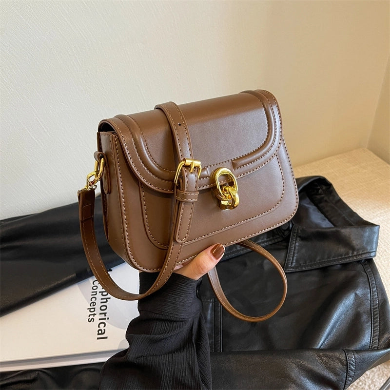Women’s Pu Leather Solid Color Classic Style Square Lock Clasp Shoulder Bag Crossbody Bag