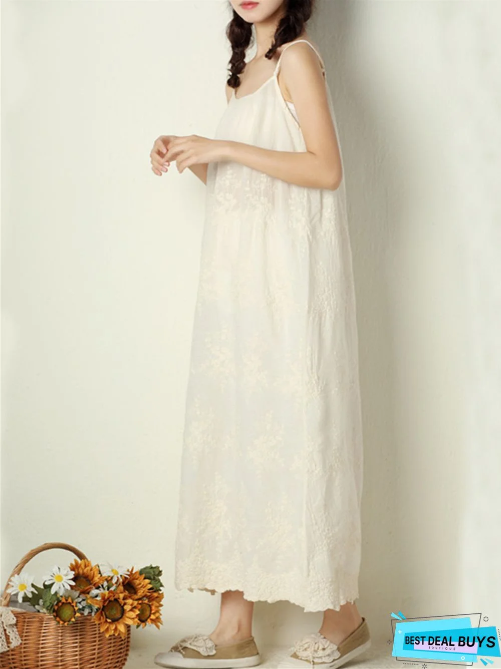 Fresh and Sweet Pure Color Dress Embroidered Loose Cotton Linen Skirt