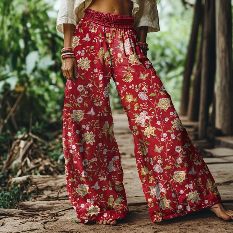 Vintage Bohemian Bird Floral Print Loose Wide Leg Pants