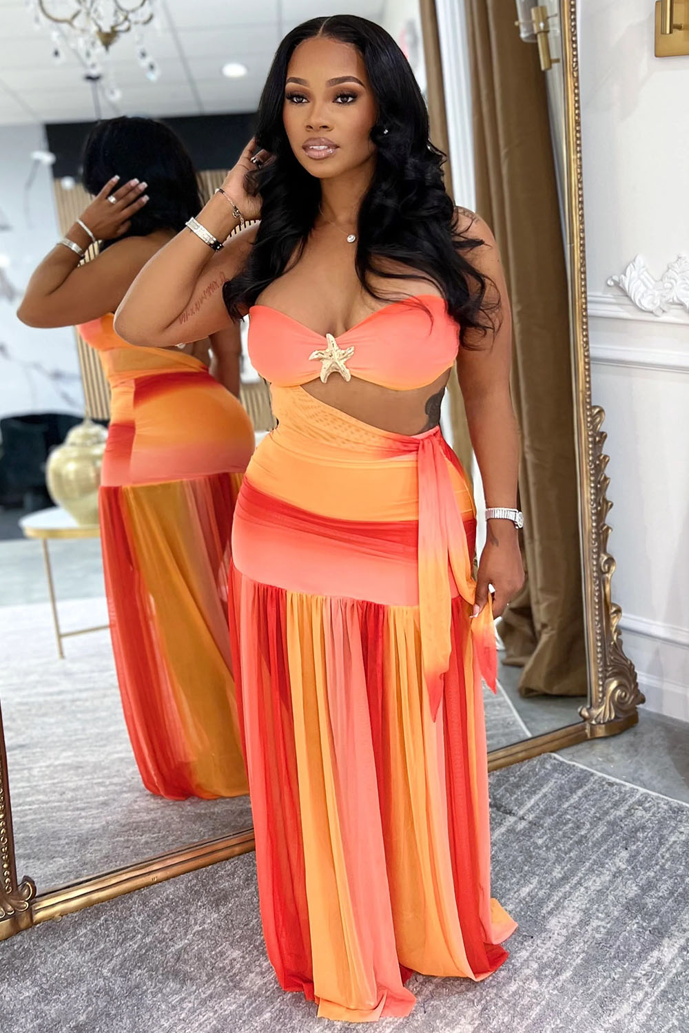 Strapless Drop Waist Cutout Ombre Vacation Maxi Dresses-Orange [Pre Order]
