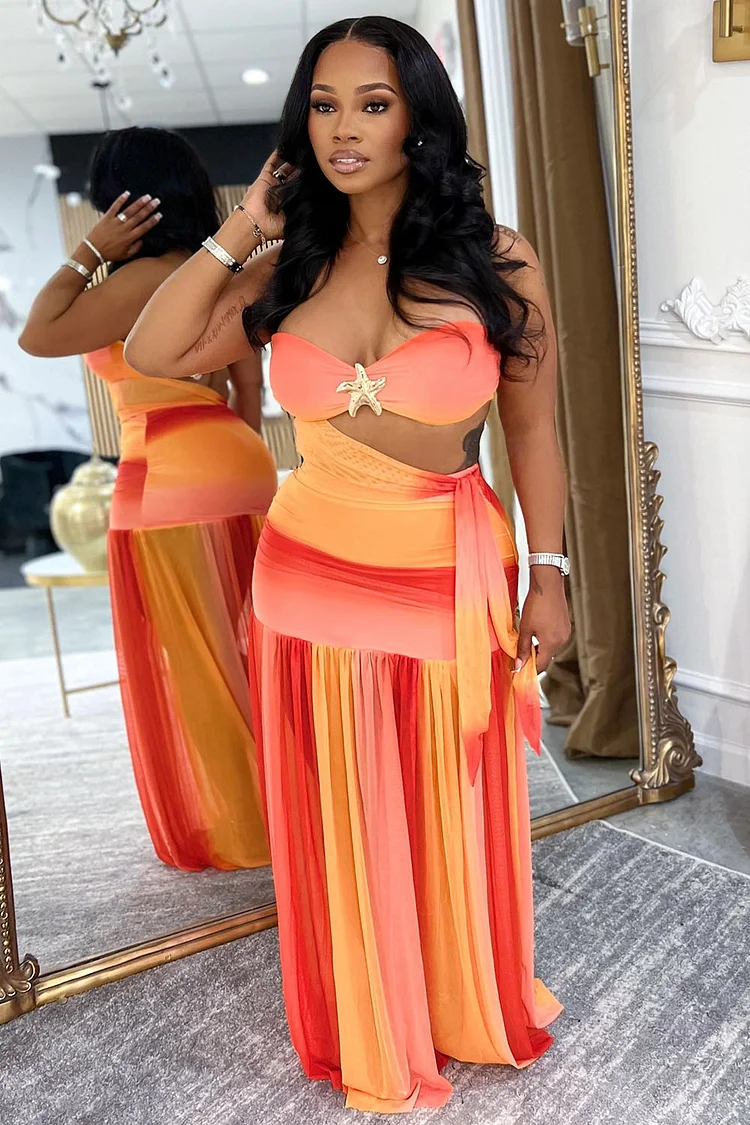 Strapless Drop Waist Cutout Ombre Vacation Maxi Dresses-Orange [Pre Order]