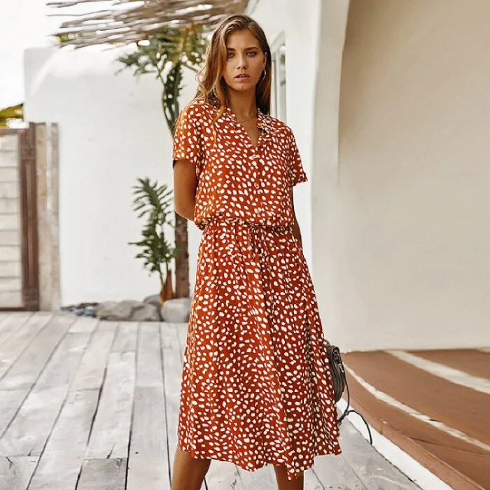 2022 Fashion Polka Dot Print Dress Women High Waist Sashes A Line Summer Dress Short Sleeve Single-Breasted Bohemian Midi Dress