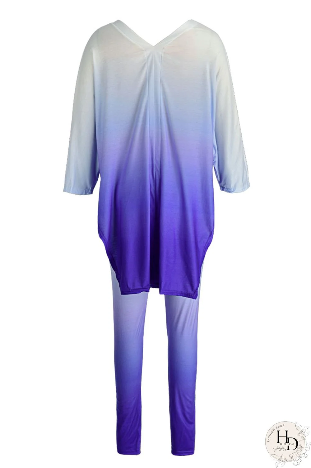 Blue Casual Gradual Change Print Patchwork Slit V Neck Half Sleeve Two Pieces