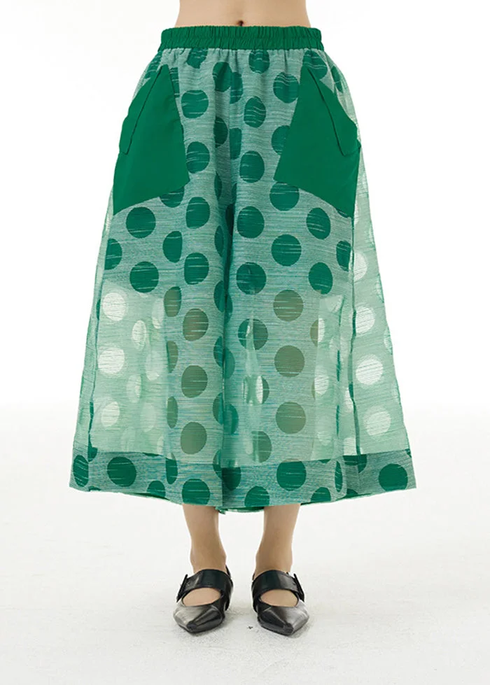 5.1Women Green Elastic Waist Dot Print Tulle Fake Two Piece Pants Summer